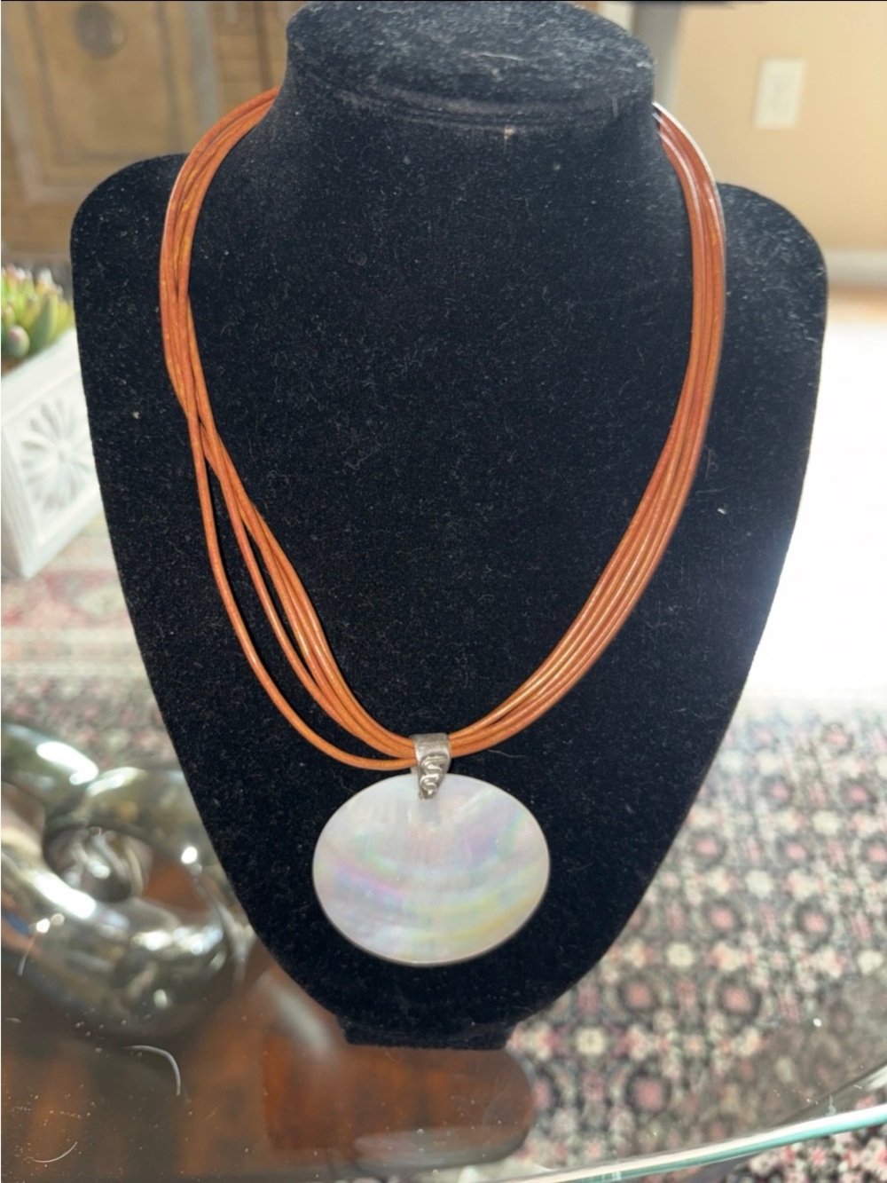 Multi-Strand Brown Leather Necklace with Iridescent Shell Pendant